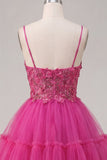 Sparkly Fuchsia A Line Floral Beaded Short Corset Spaghetti Straps Homecoming Dress