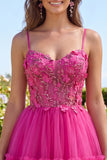 Sparkly Fuchsia A Line Floral Beaded Short Corset Spaghetti Straps Homecoming Dress