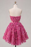 Sparkly Fuchsia Floral A Line Cut Out Corset Beaded Short Homecoming Dress
