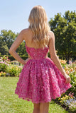 Sparkly Fuchsia Floral A Line Cut Out Corset Beaded Short Homecoming Dress