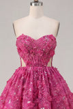 Sparkly Fuchsia Floral A Line Cut Out Corset Beaded Short Homecoming Dress