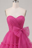 Fuchsia A Line Sweetheart Ruched Short Homecoming Dress with Bow