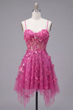 A Line Sparkly Fuchsia Beaded Short Corset Floral Homecoming Dress