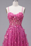 A Line Sparkly Fuchsia Beaded Short Corset Floral Homecoming Dress