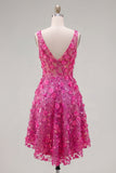 Sparkly Fuchsia Floral Beaded High Low A Line Homecoming Dress