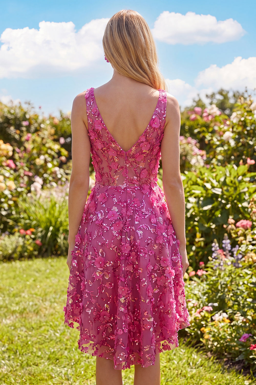 Zapaka Women Sparkly Fuchsia Homecoming Dress V-Neck Floral High Low A Line Beaded Cocktail Dress, Fuchsia / US8