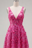 Sparkly Fuchsia Floral Beaded High Low A Line Homecoming Dress
