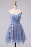 Sparkly Grey Blue Ruched Short Corset Homecoming Dress with Lace