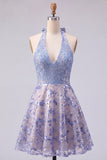 Sparkly Grey Blue Halter Beaded A Line Short Homecoming Dress with Bow
