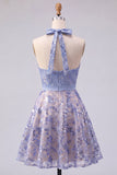 Sparkly Grey Blue Halter Beaded A Line Short Homecoming Dress with Bow