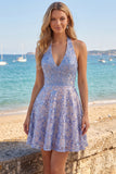 Sparkly Grey Blue Halter Beaded A Line Short Homecoming Dress with Bow