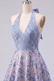 Sparkly Grey Blue Halter Beaded A Line Short Homecoming Dress with Bow