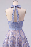 Sparkly Grey Blue Halter Beaded A Line Short Homecoming Dress with Bow