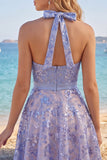 Sparkly Grey Blue Halter Beaded A Line Short Homecoming Dress with Bow