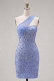 Sparkly Grey Blue Corset One Shoulder Tight Short Lace Homecoming Dress