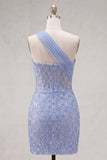 Sparkly Grey Blue Corset One Shoulder Tight Short Lace Homecoming Dress