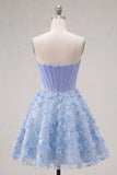 Sparkly Blue A Line Strapless Beaded Floral Short Corset Homecoming Dress