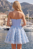 Sparkly Blue A Line Strapless Beaded Floral Short Corset Homecoming Dress