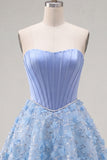 Sparkly Blue A Line Strapless Beaded Floral Short Corset Homecoming Dress