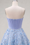 Sparkly Blue A Line Strapless Beaded Floral Short Corset Homecoming Dress