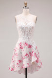 White Fuchsia Flower A Line Keyhole Short Corset Homecoming Dress with Ruffles