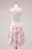 White Fuchsia Flower A Line Keyhole Short Corset Homecoming Dress with Ruffles
