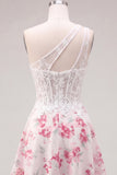 White Fuchsia Flower A Line Keyhole Short Corset Homecoming Dress with Ruffles