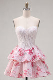 White Fuchsia Flower Strapless A Line Corset Short Homecoming Dress with Ruffles