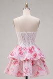 White Fuchsia Flower Strapless A Line Corset Short Homecoming Dress with Ruffles