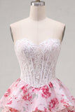 White Fuchsia Flower Strapless A Line Corset Short Homecoming Dress with Ruffles
