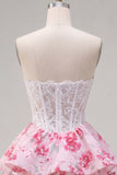 White Fuchsia Flower Strapless A Line Corset Short Homecoming Dress with Ruffles