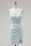 Mint One Shoulder Corset Floral Bodycon Appliqued Homecoming Dress with Slit