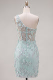 Mint One Shoulder Corset Floral Bodycon Appliqued Homecoming Dress with Slit