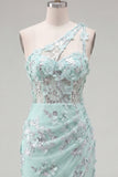 Mint One Shoulder Corset Floral Bodycon Appliqued Homecoming Dress with Slit