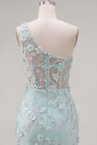 Mint One Shoulder Corset Floral Bodycon Appliqued Homecoming Dress with Slit