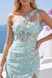 Mint One Shoulder Corset Floral Bodycon Appliqued Homecoming Dress with Slit