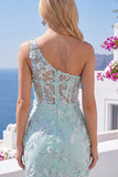 Mint One Shoulder Corset Floral Bodycon Appliqued Homecoming Dress with Slit