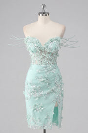 Mint Floral Off the Shoulder Corset Bodycon Appliqued Homecoming Dress with Slit