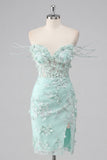 Mint Floral Off the Shoulder Corset Bodycon Appliqued Homecoming Dress with Slit
