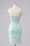 Mint Floral Off the Shoulder Corset Bodycon Appliqued Homecoming Dress with Slit