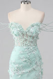 Mint Floral Off the Shoulder Corset Bodycon Appliqued Homecoming Dress with Slit