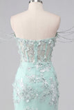 Mint Floral Off the Shoulder Corset Bodycon Appliqued Homecoming Dress with Slit