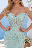 Mint Floral Off the Shoulder Corset Bodycon Appliqued Homecoming Dress with Slit