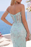 Mint Floral Off the Shoulder Corset Bodycon Appliqued Homecoming Dress with Slit
