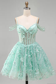 A-Line Mint Cold Shoulder Floral Corset Beaded Homecoming Dress