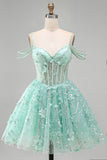 A-Line Mint Cold Shoulder Floral Corset Beaded Homecoming Dress