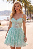 A-Line Mint Cold Shoulder Floral Corset Beaded Homecoming Dress
