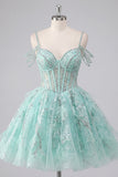 A-Line Mint Cold Shoulder Floral Corset Beaded Homecoming Dress