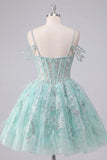 A-Line Mint Cold Shoulder Floral Corset Beaded Homecoming Dress