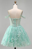 A-Line Mint Cold Shoulder Floral Corset Beaded Homecoming Dress